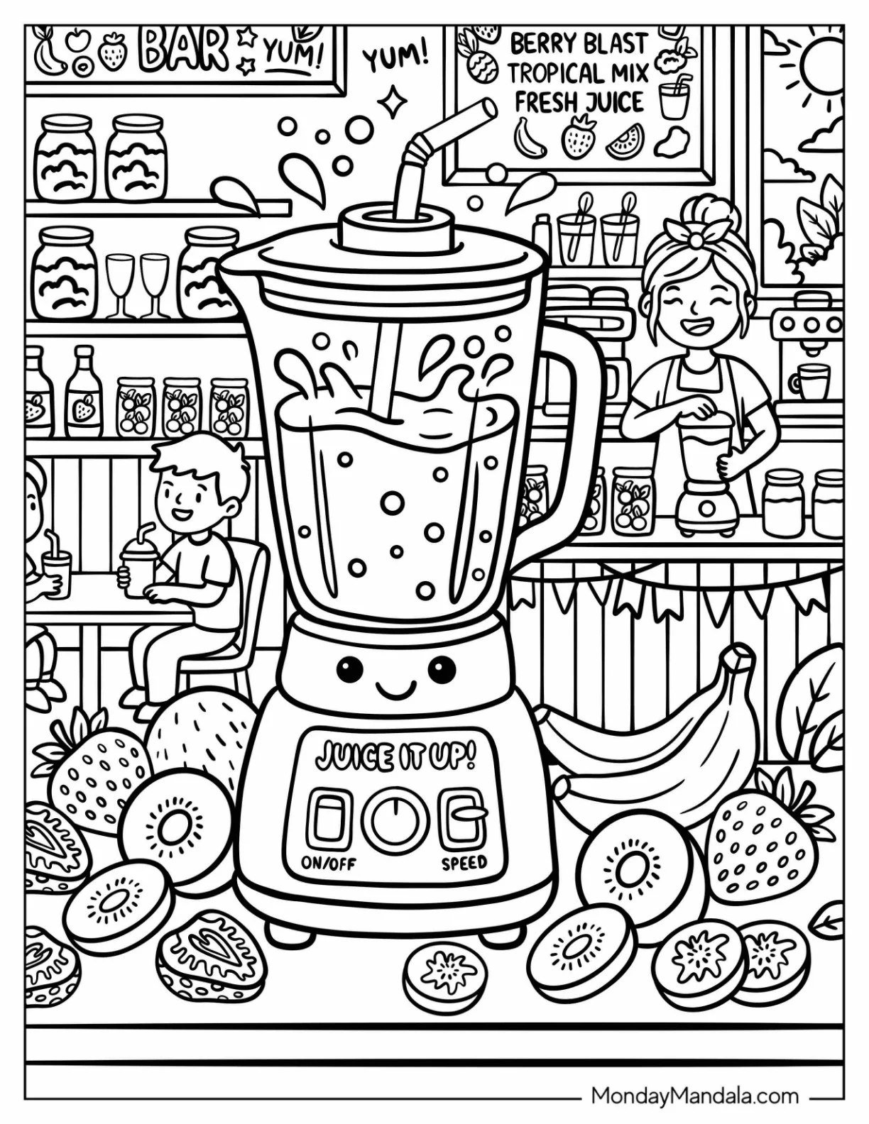 Blender Mixing Fruits for a Smoothie Coloring Sheet coloring page