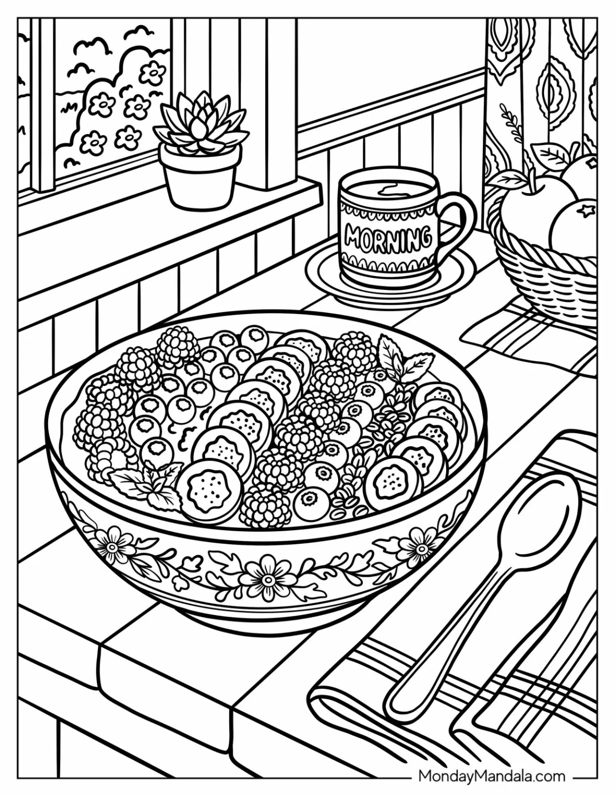 Breakfast Bowl of Overnight Oats with Fruits Coloring Sheet coloring page