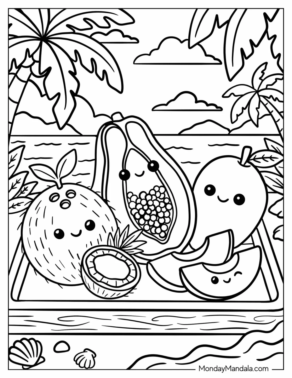 Coconut, Papaya, and Mango on the Beach coloring page