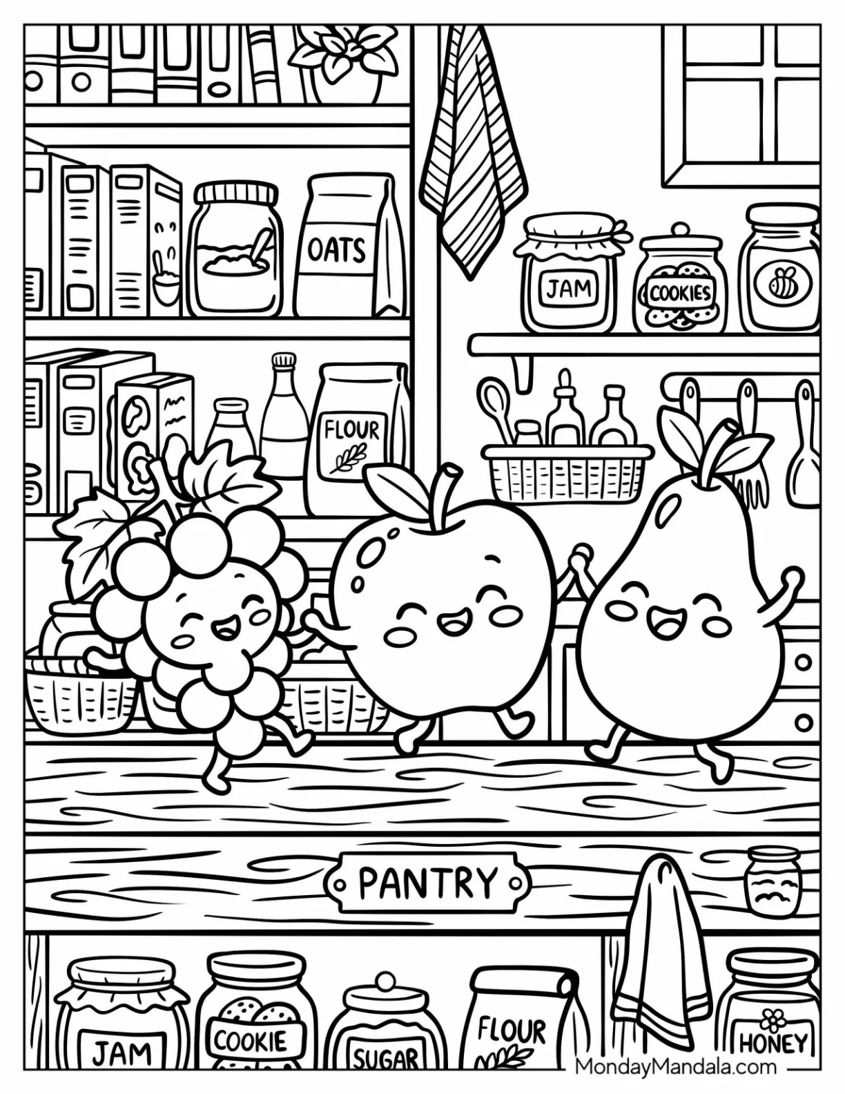 Grapes, Pear, and Apple Dancing Coloring Sheet coloring page