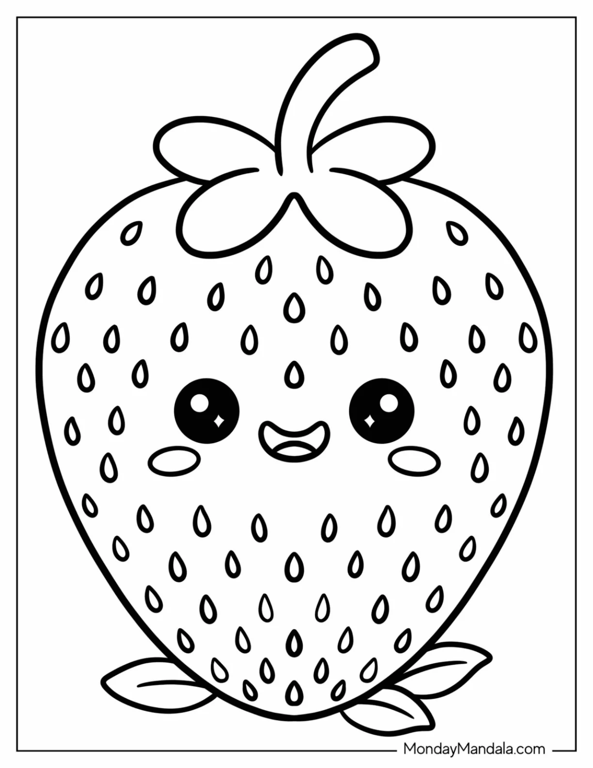 Kawaii Strawberry with Cartoon Face Coloring Page for Preschoolers coloring page