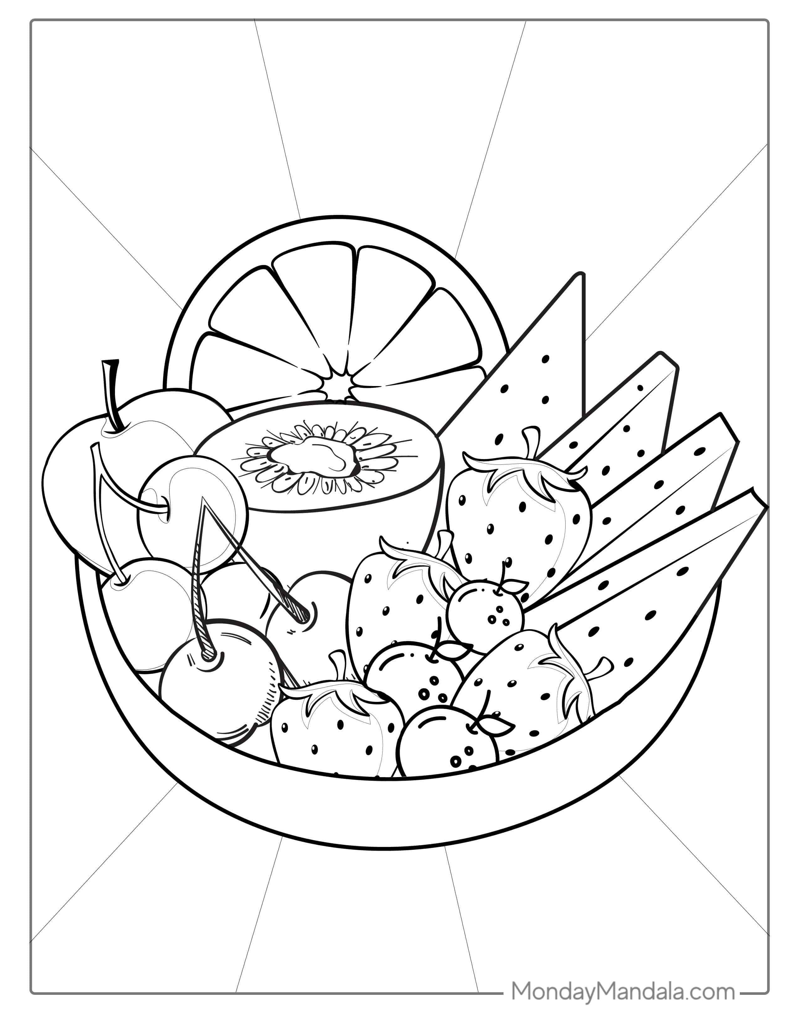 Orange, Apple, Watermelon Ang Grapes In Bowl coloring page