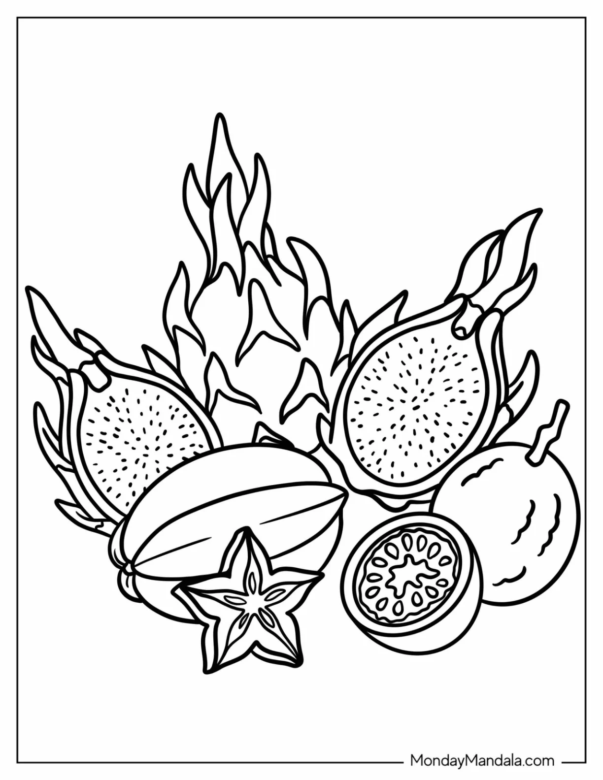 Simple Whole and Halved Dragon Fruits Coloring Sheet coloring page
