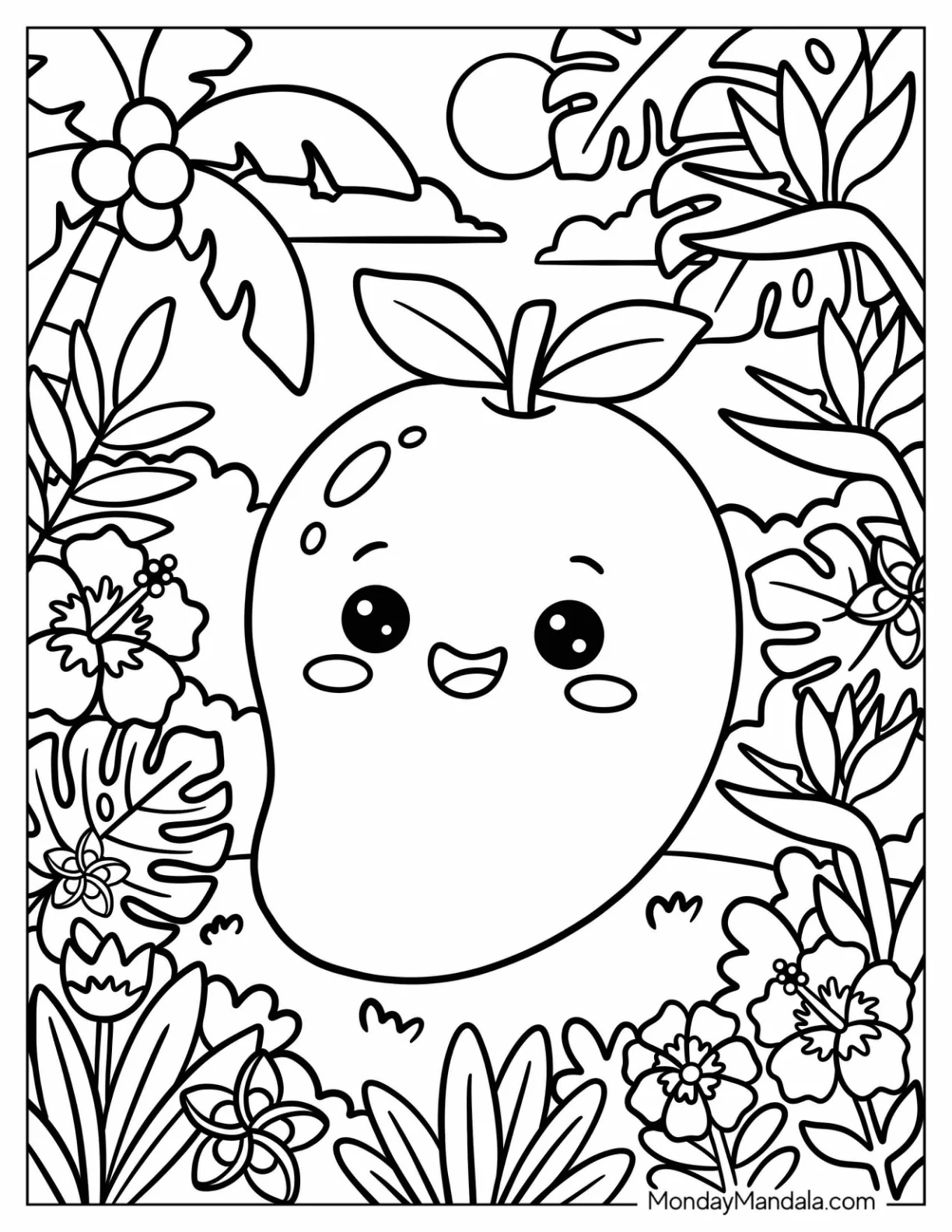 Smiling Cartoon Mango in the Jungle Coloring Sheet coloring page