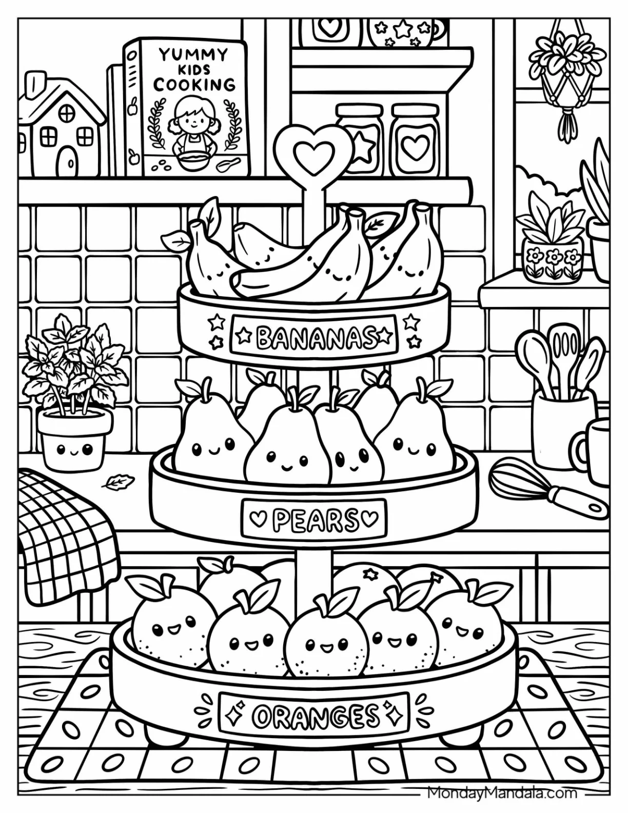 Tiered Fruit Stand with Banans, Pears, and Oranges coloring page