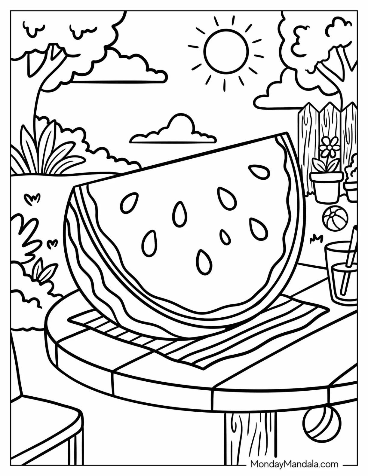 Watermelon Slice on a Garden Table Coloring Page coloring page