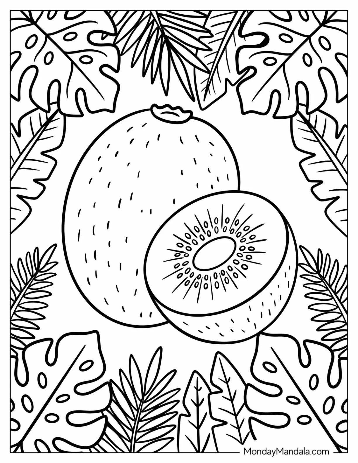 Whole and Halved Kiwi Surrounded by Leaves coloring page