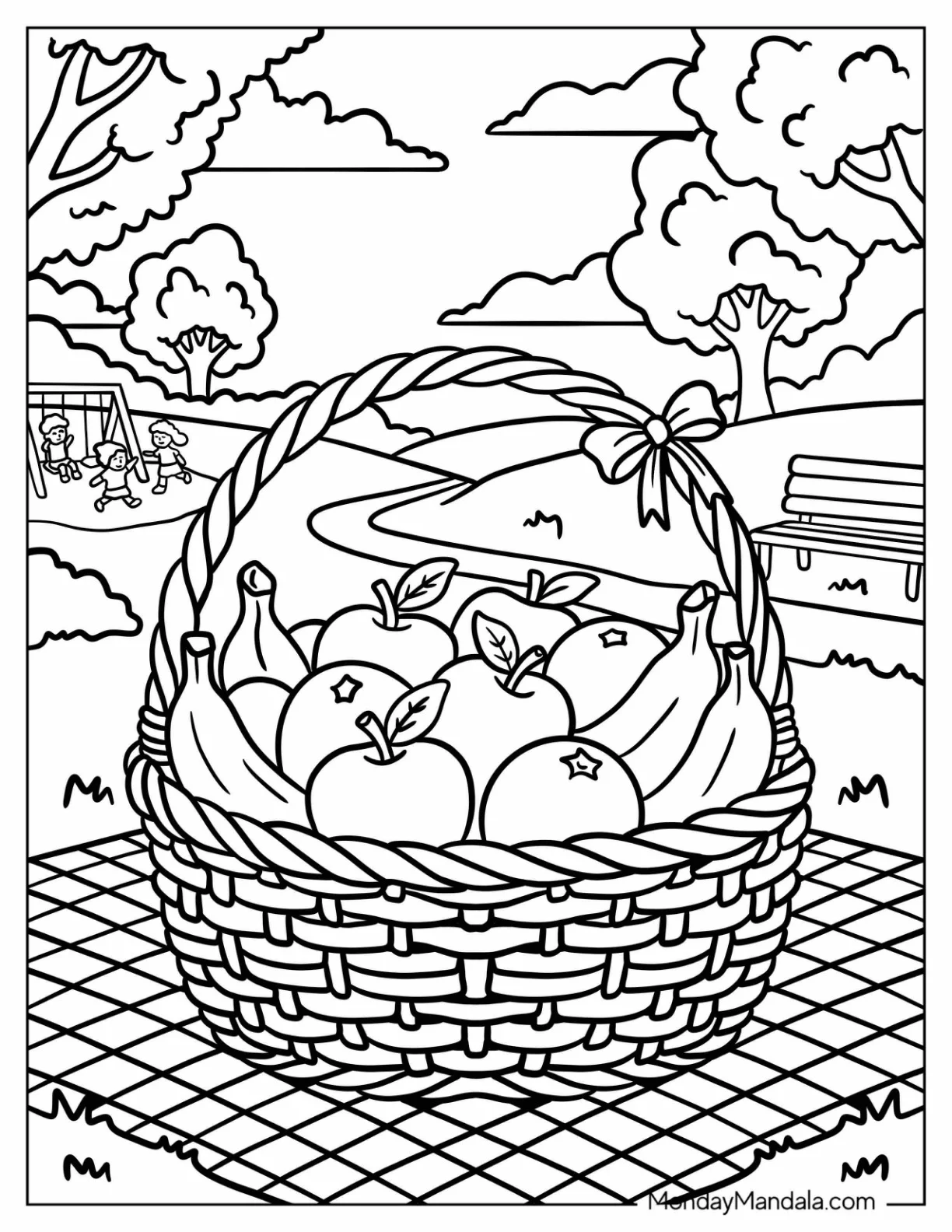 Wicker Basket Full of Fruits Coloring Page for Kids coloring page