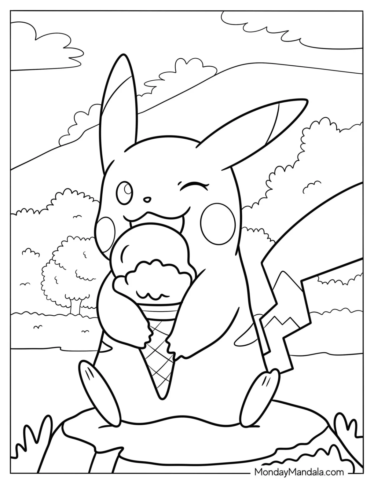 Adorable Pikachu Licking An Ice Cream Coloring Page For Kids coloring page