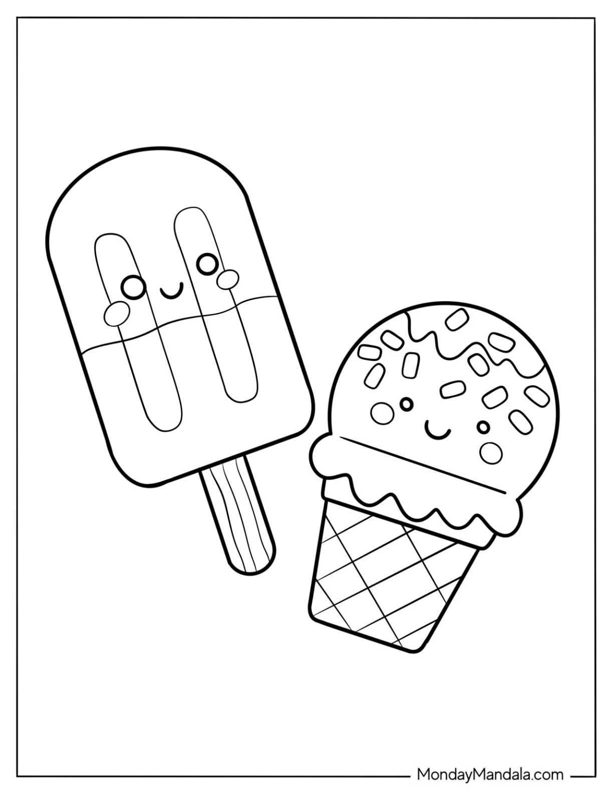 Chibi Cartoon Ice Cream Coloring Page Cone With Popsicle Friend coloring page — printable line art