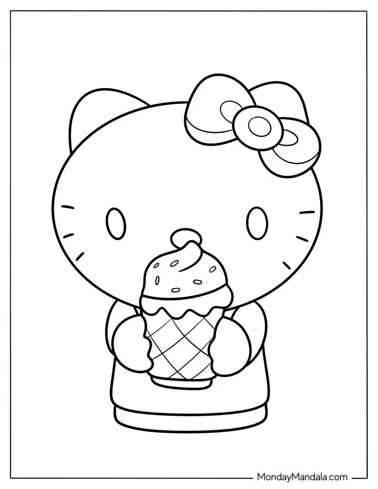 Easy Hello Kitty With A Large Ice Cream Coloring Page Cone For Preschoolers coloring page — printable line art