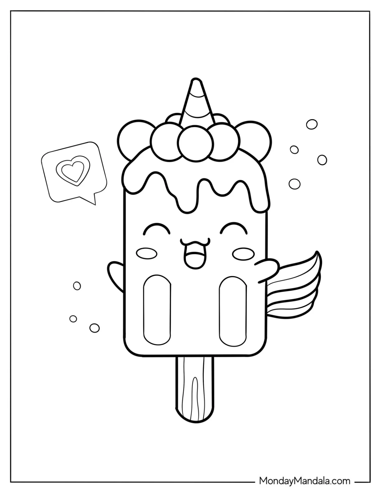 Ice Cream Coloring Page Of Chibi Unicorn Popsicle With Love Heart For Preschoolers coloring page — printable line art