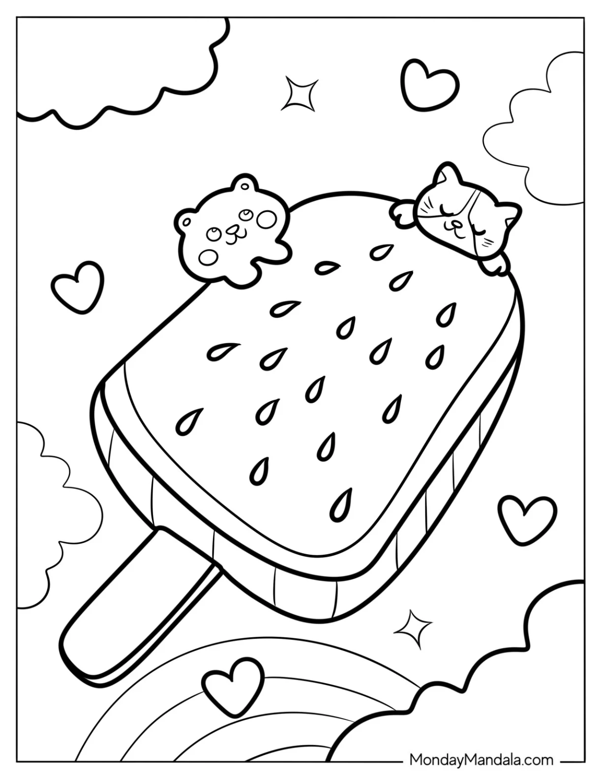 Ice Cream Coloring Page Of Watermelon Popsicle With Chibi Animals For Preschoolers coloring page — printable line art