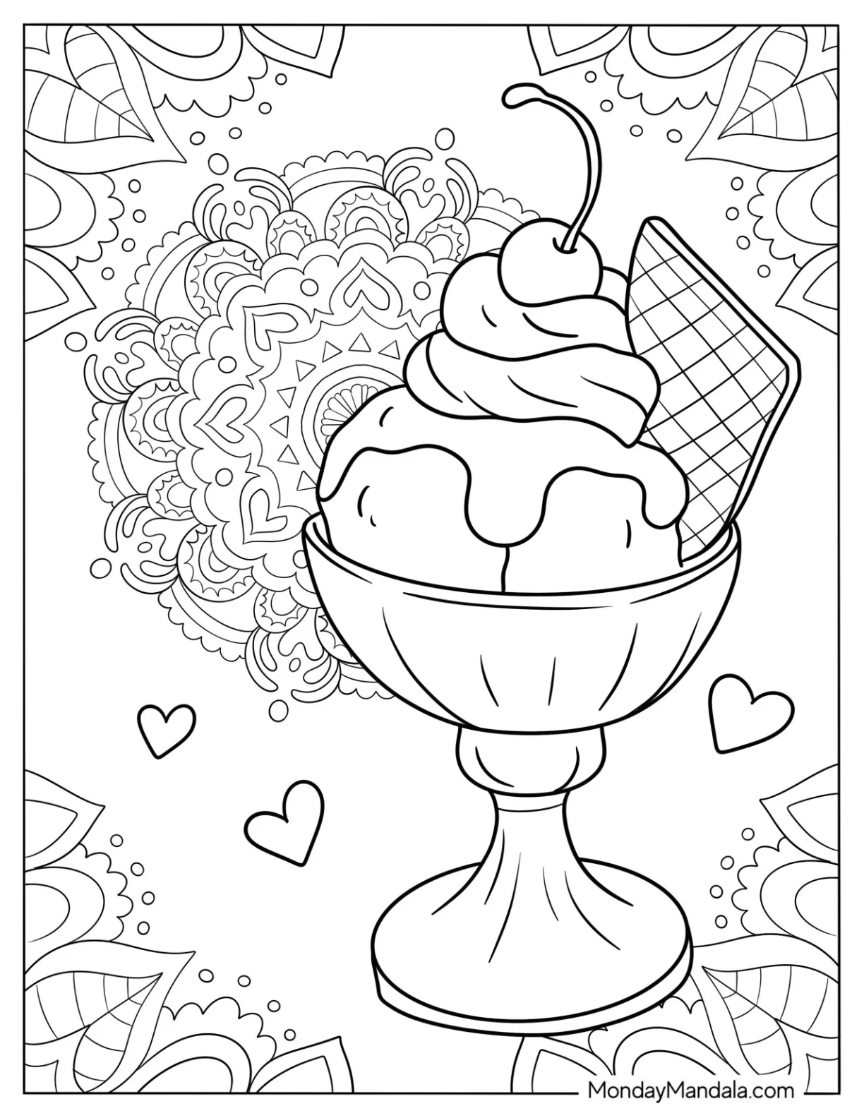 Ice Cream Coloring Page Scoops With Waffle In Front Of A Mandala coloring page — printable line art