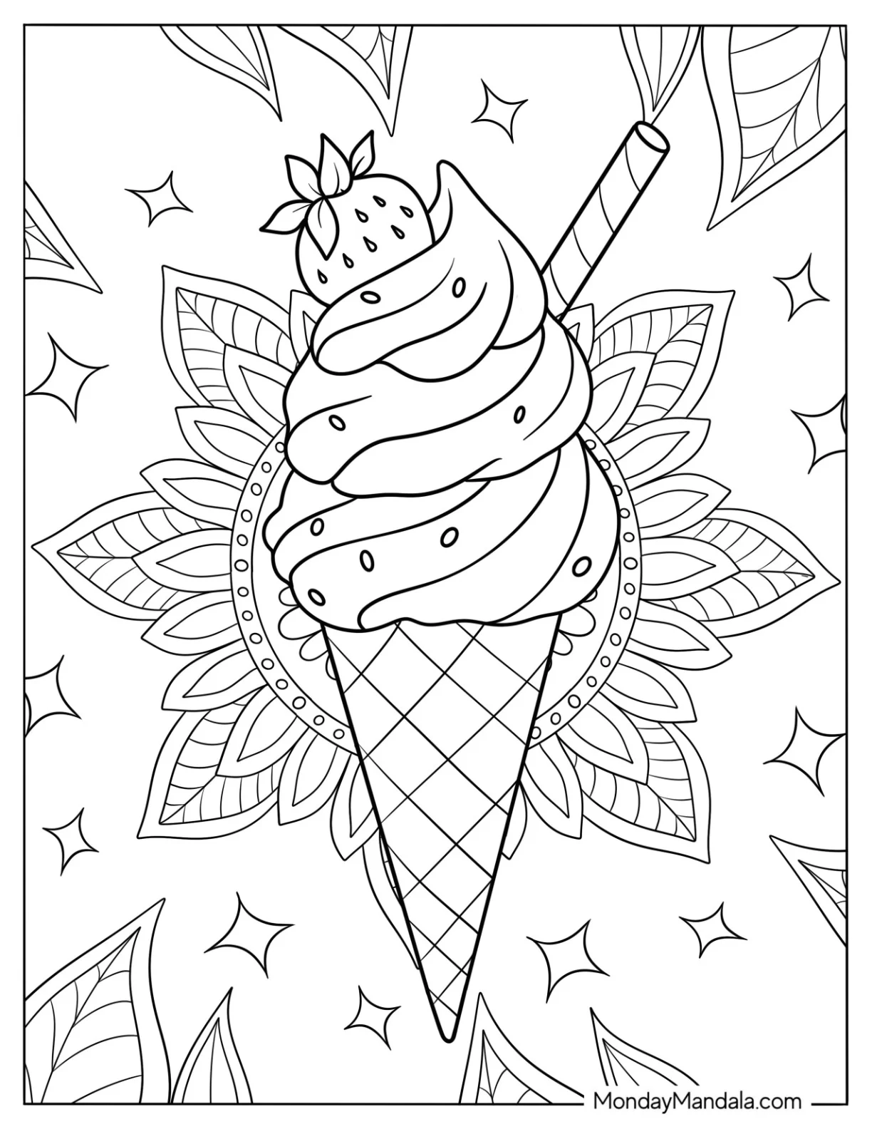 Ice Cream Coloring Page Swirl With Cinnamon Stick And Sprinkles coloring page — printable line art