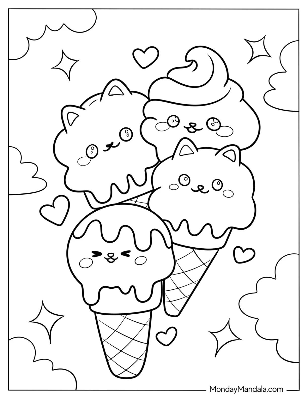 Kawaii Animal Ice Cream Coloring Page Cones In The Clouds For Kids coloring page — printable line art