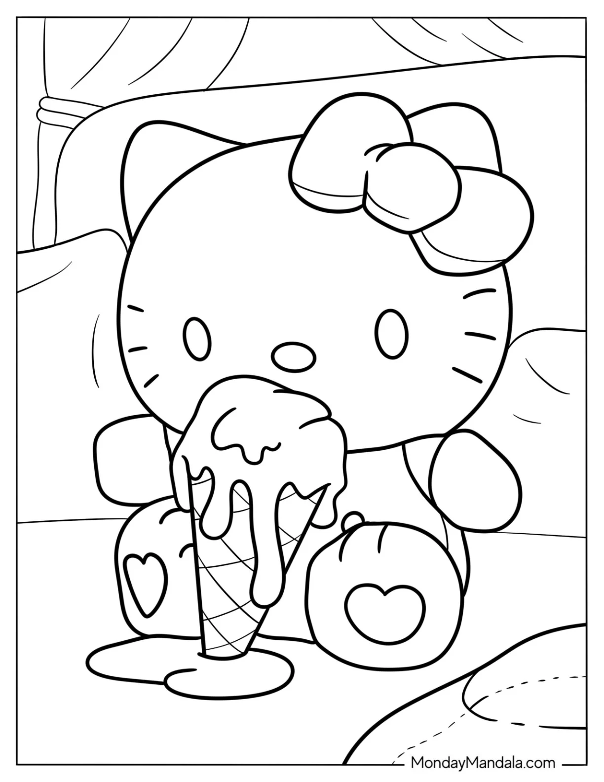 Kawaii Hello Kitty Eating A Melting Ice Cream Coloring Page coloring page