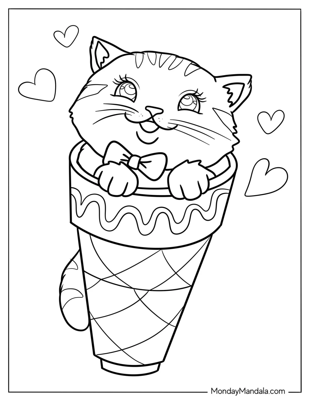 Kitten With Bowtie Inside An Ice Cream Coloring Page Cone coloring page — printable line art
