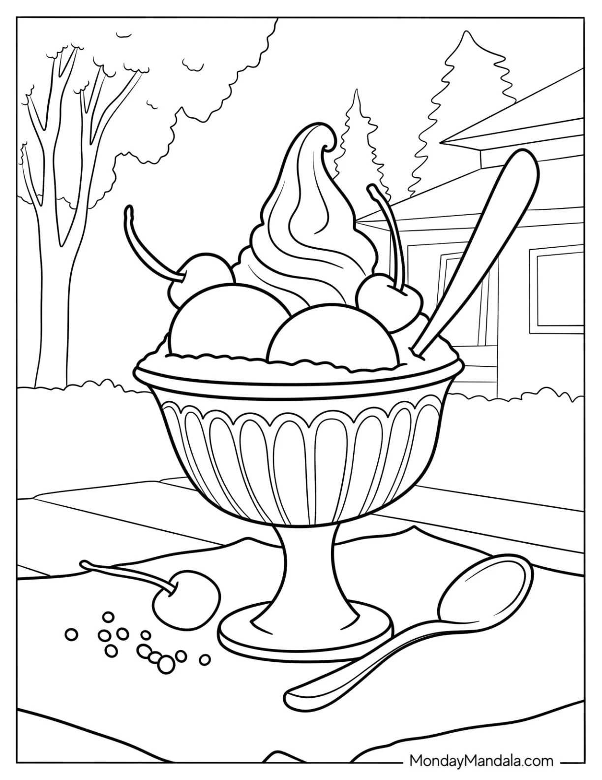 Large Bowl Of Ice Cream Coloring Page Sundae With Cherries coloring page — printable line art