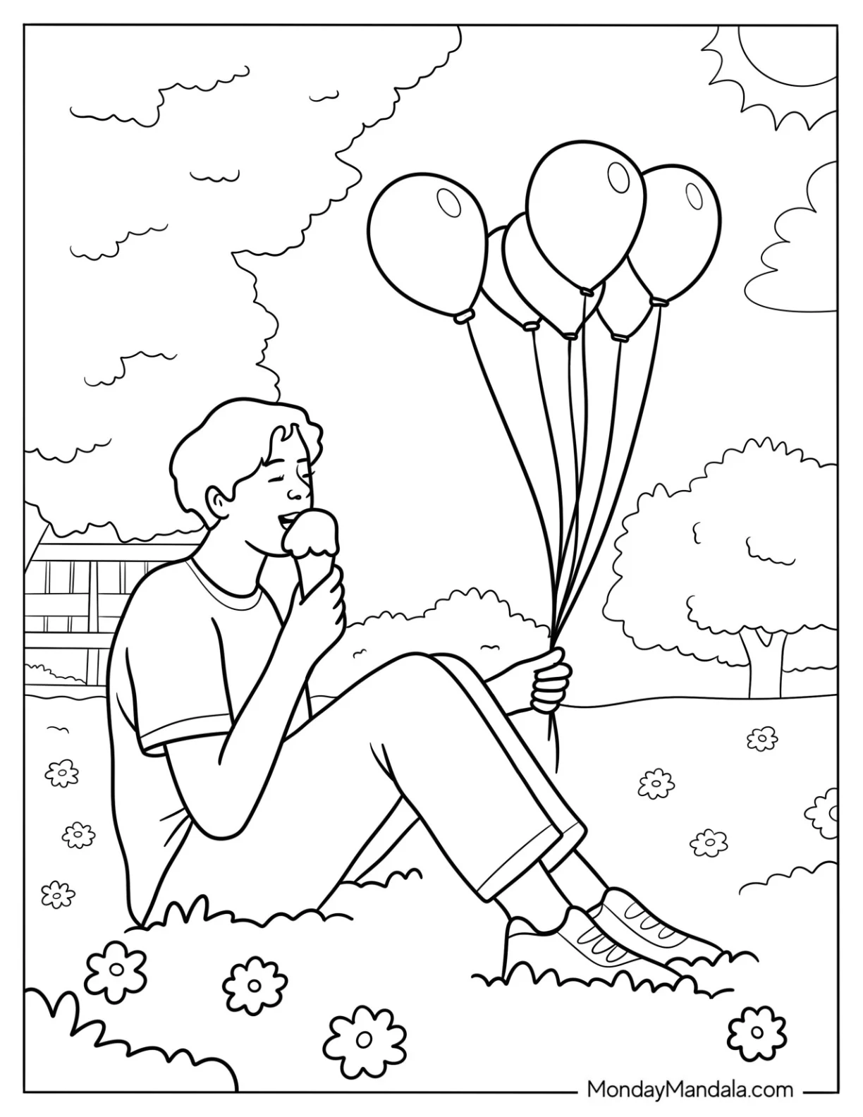 Man Eating Ice Cream Coloring Page While Holding Balloons coloring page — printable line art