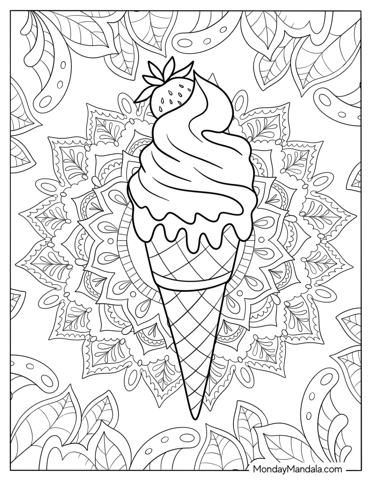 Melting Ice Cream Coloring Page On Cone with Strawberry On Top coloring page — printable line art