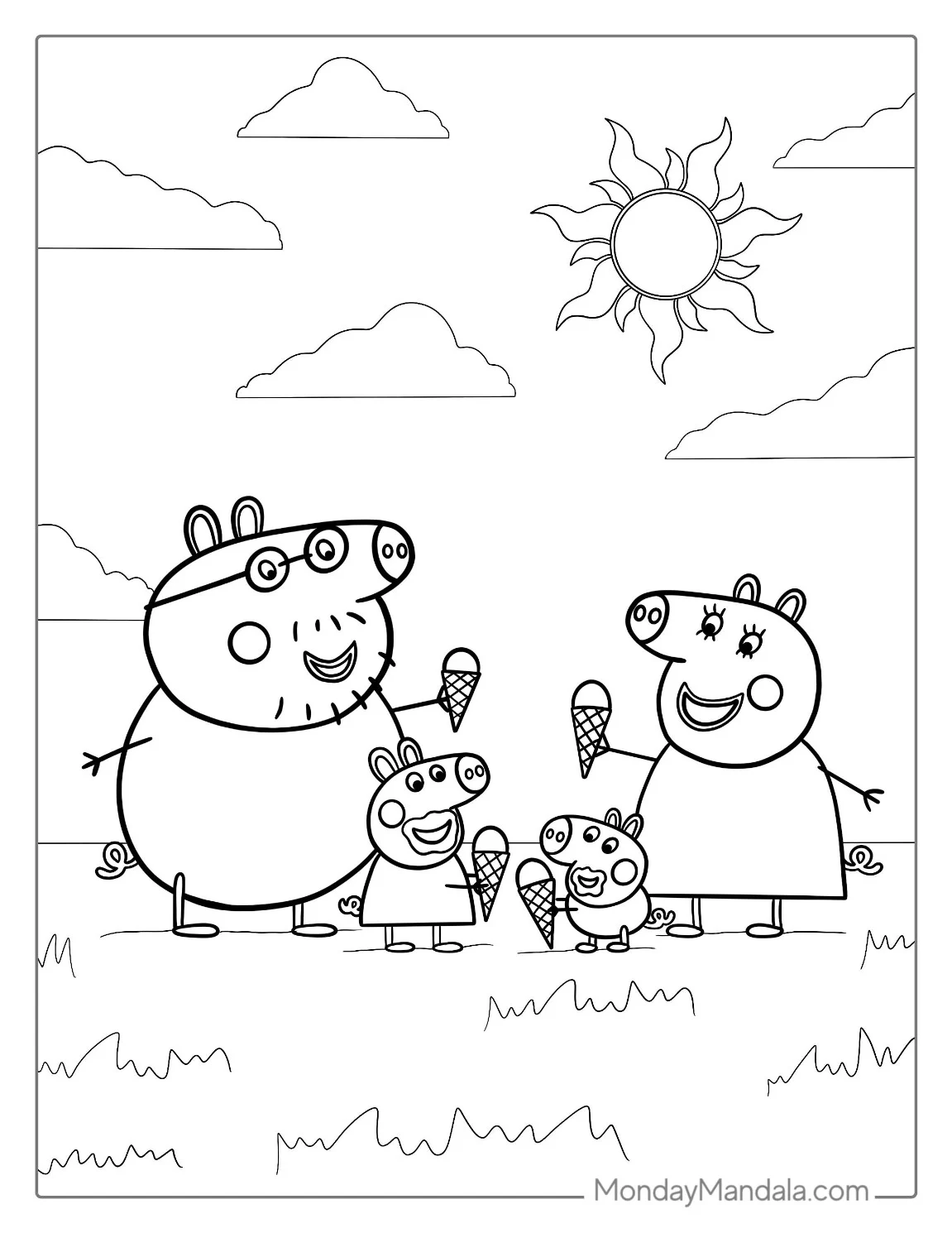 Peppa Pig Family Eating Ice Cream Coloring Page coloring page