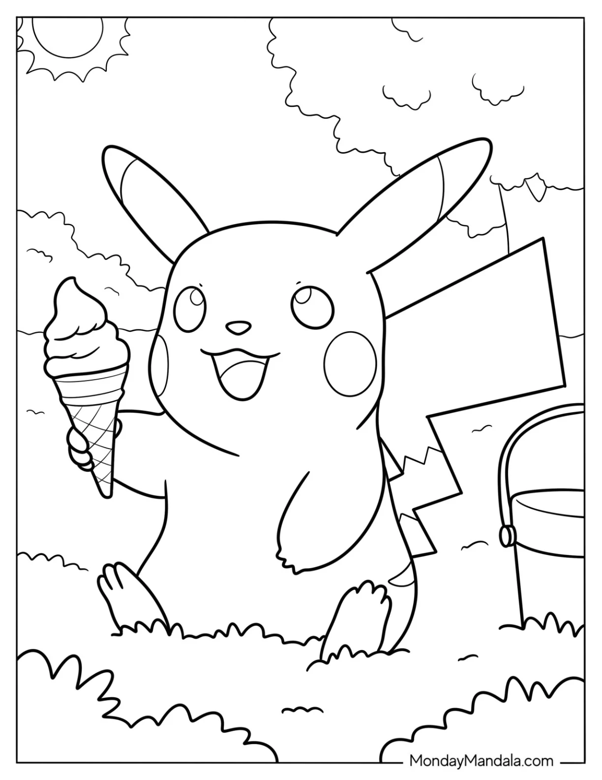 Pikachu Holding An Ice Cream Coloring Page Cone For Kids coloring page — printable line art