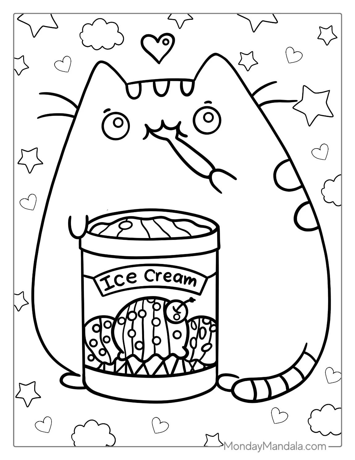 Pusheen Cat Eating Ice Cream Coloring Page coloring page — printable line art