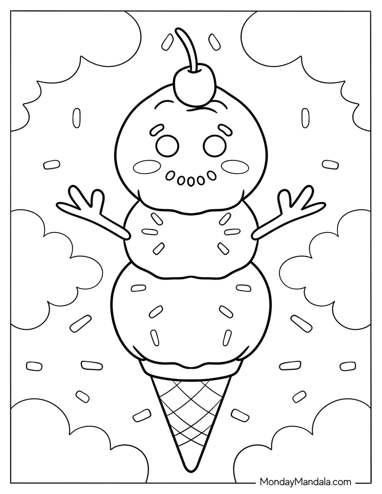 Snowman Ice Cream Coloring Page Cone With Sprinkles All Over coloring page — printable line art