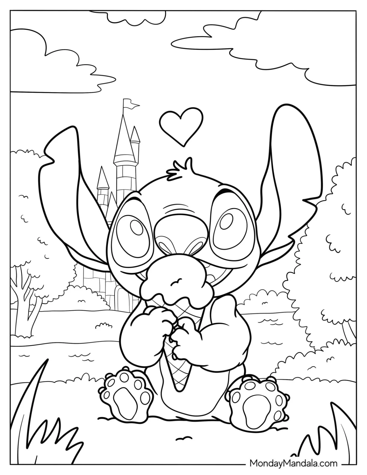 Stitch Eating Ice Cream Coloring Page Outside Of A Castle For Kids coloring page — printable line art