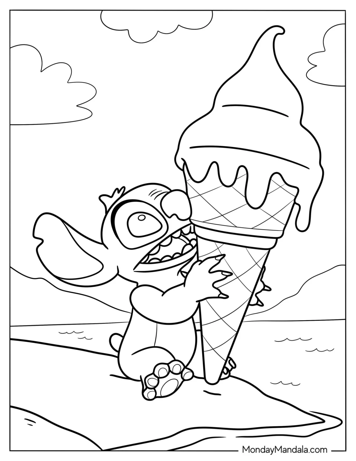 Stitch Hugging A Giant Ice Cream Coloring Page Cone coloring page — printable line art