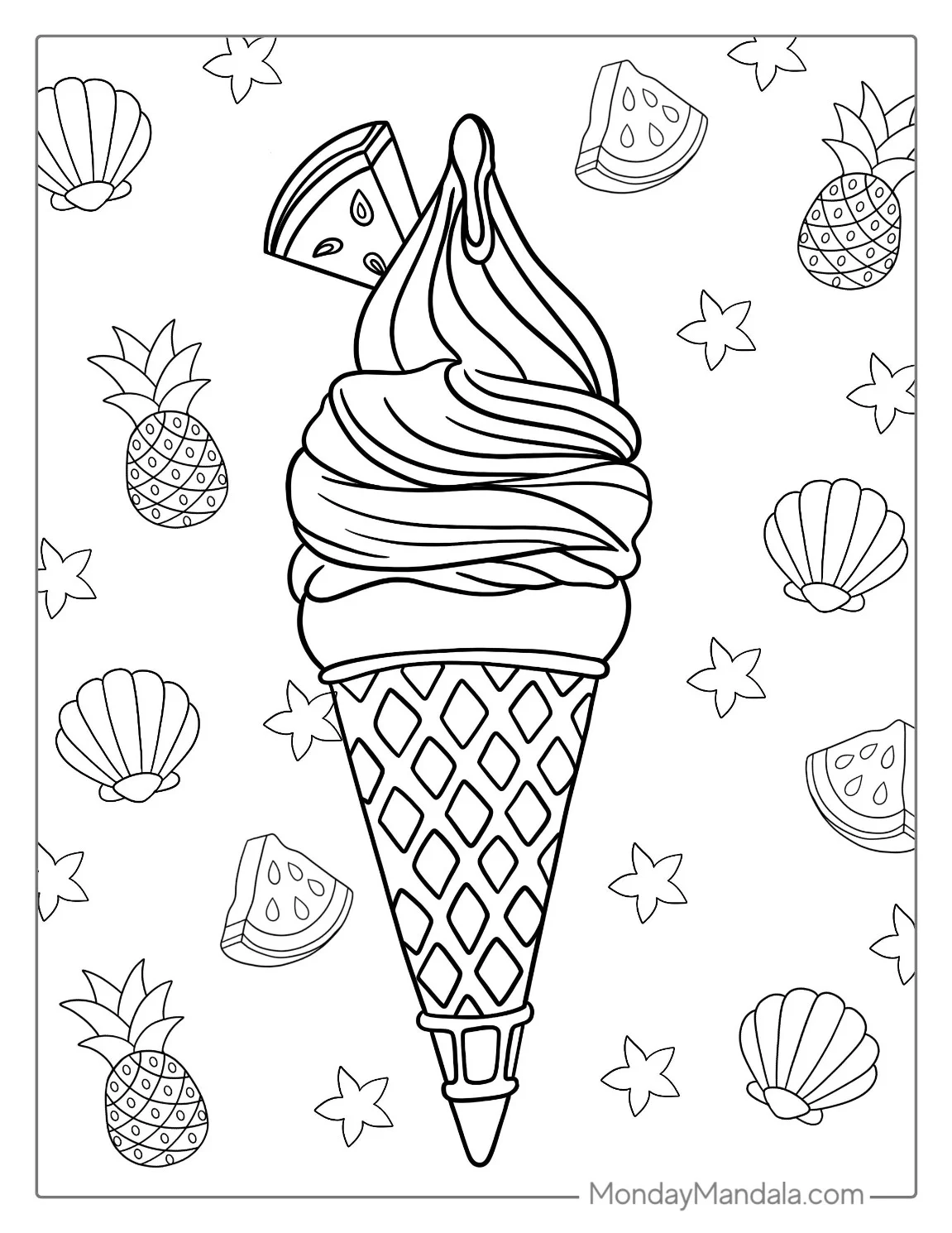 Summer Themed Ice Cream Coloring Page With Watermelon coloring page