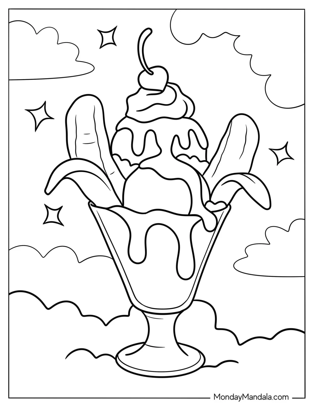 Sundae Ice Cream Coloring Page With Bananas For Kids coloring page — printable line art
