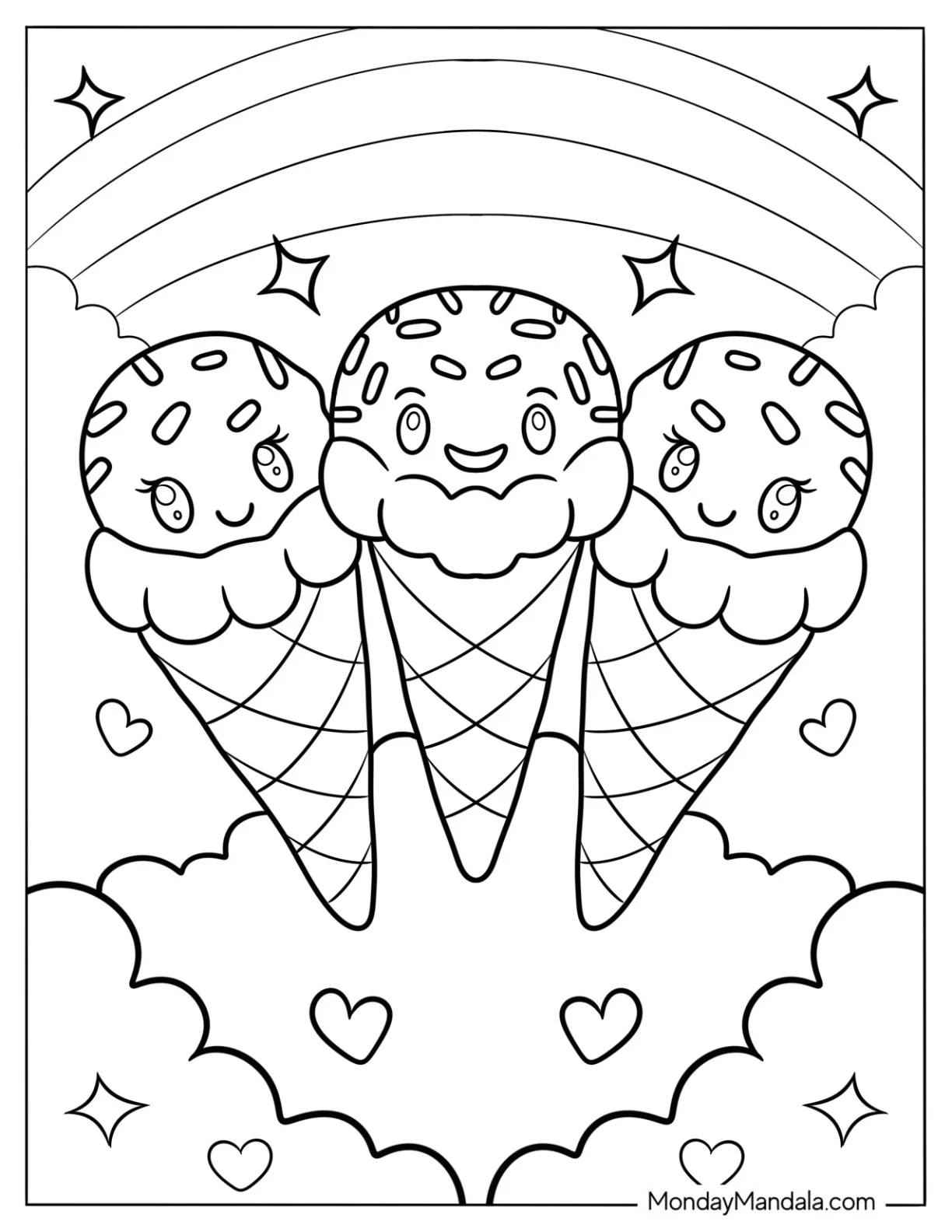 Three Ice Cream Coloring Page Cones With Sprinkles In The Clouds For Kids coloring page — printable line art