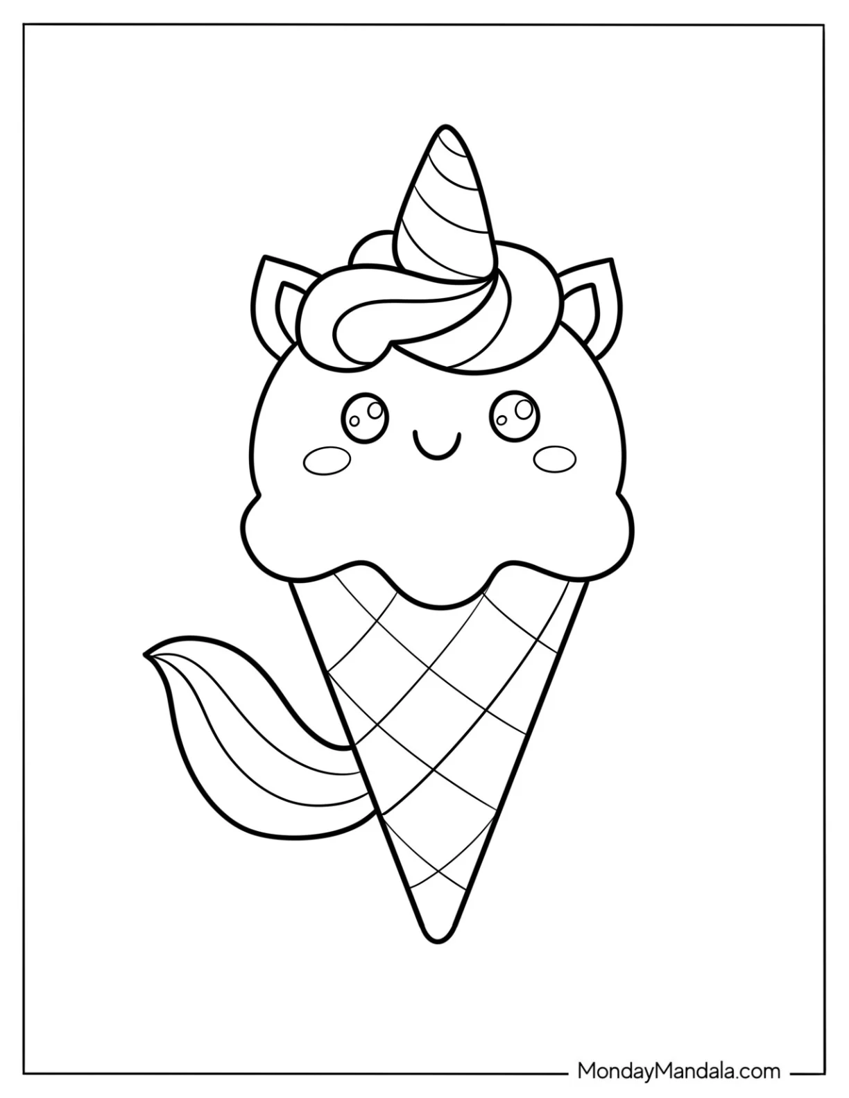 Unicorn Ice Cream Coloring Page Cone With A Tail For Kids coloring page — printable line art