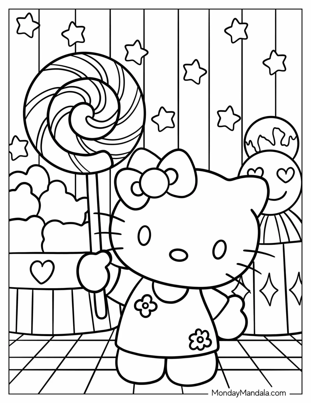 Cute Hello Kitty Holding Up A Large Whirly Lollipop coloring page — printable line art