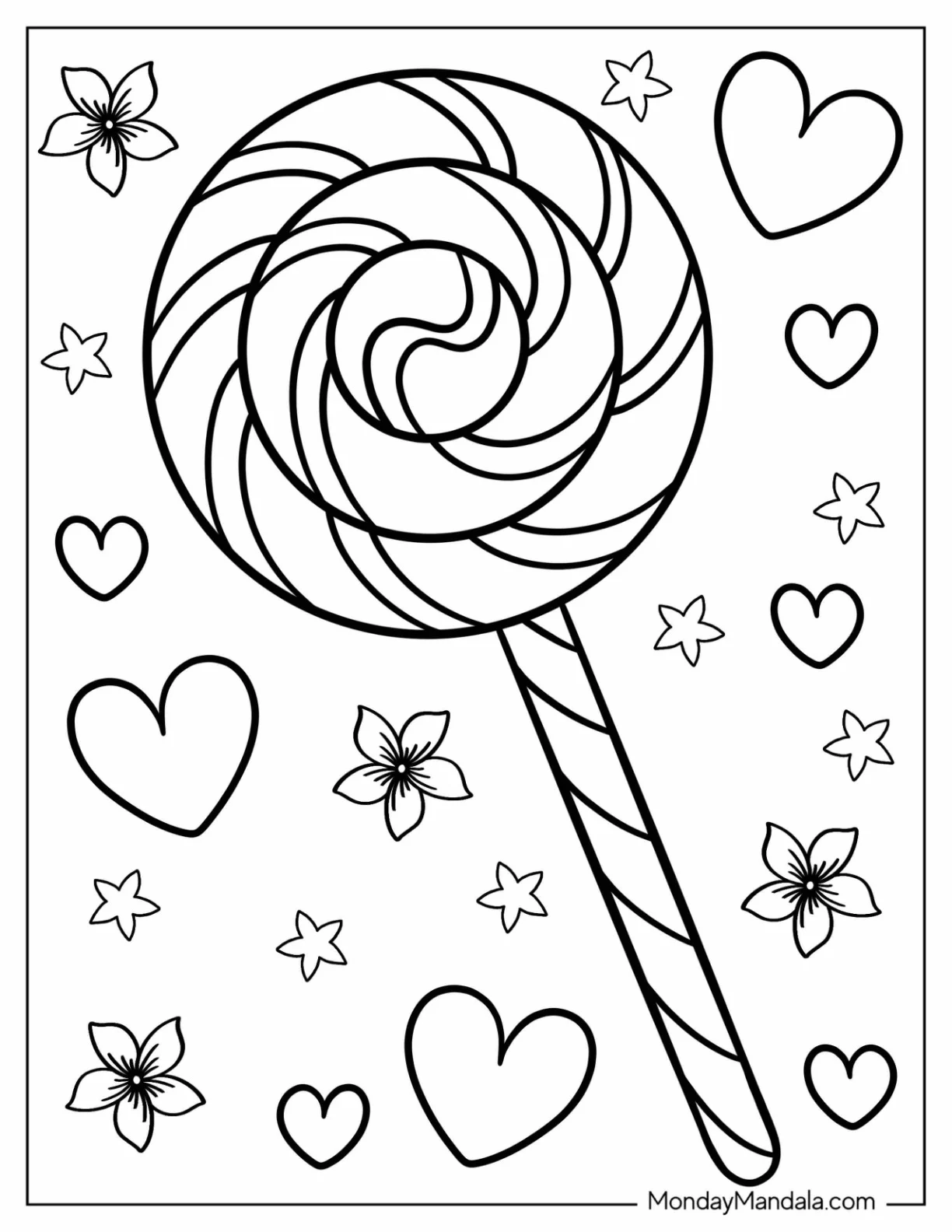 Detailed Whirly Pop Lollipop With Flowers And Love Hearts coloring page