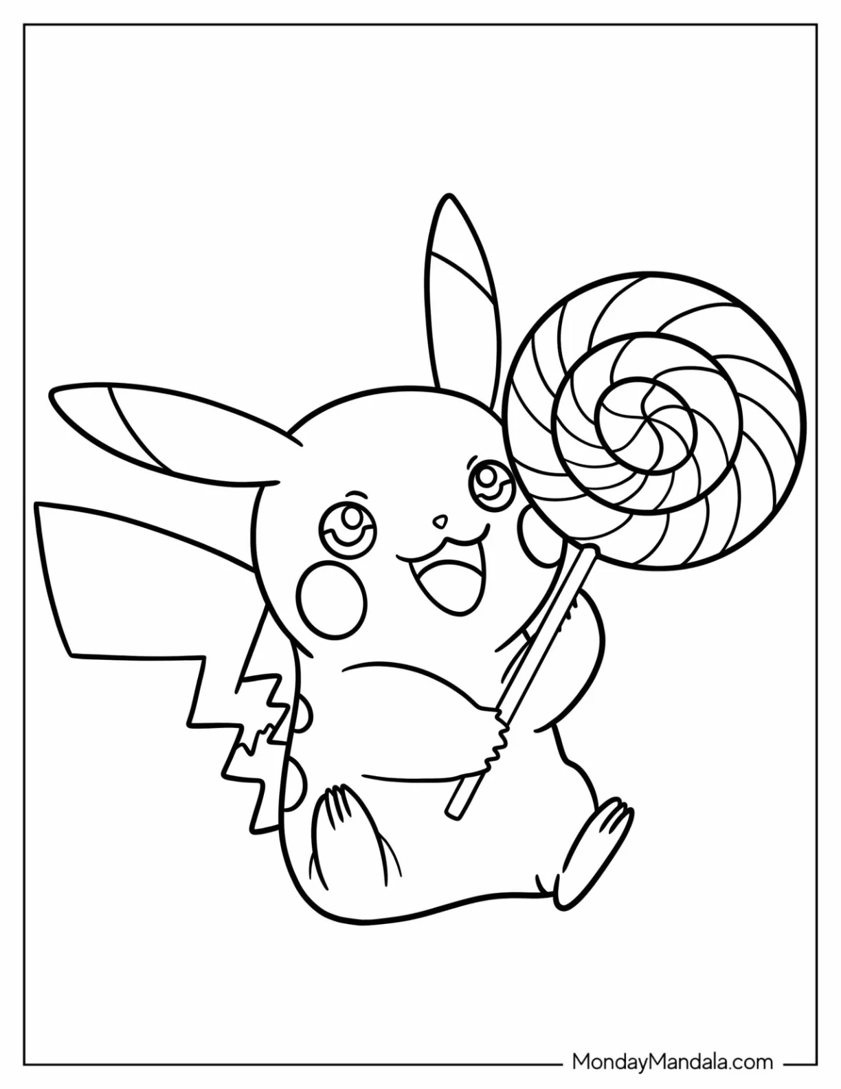 Easy Pikachu Holding A Whirly Lollipop Coloring Sheet For Preschoolers coloring page — printable line art