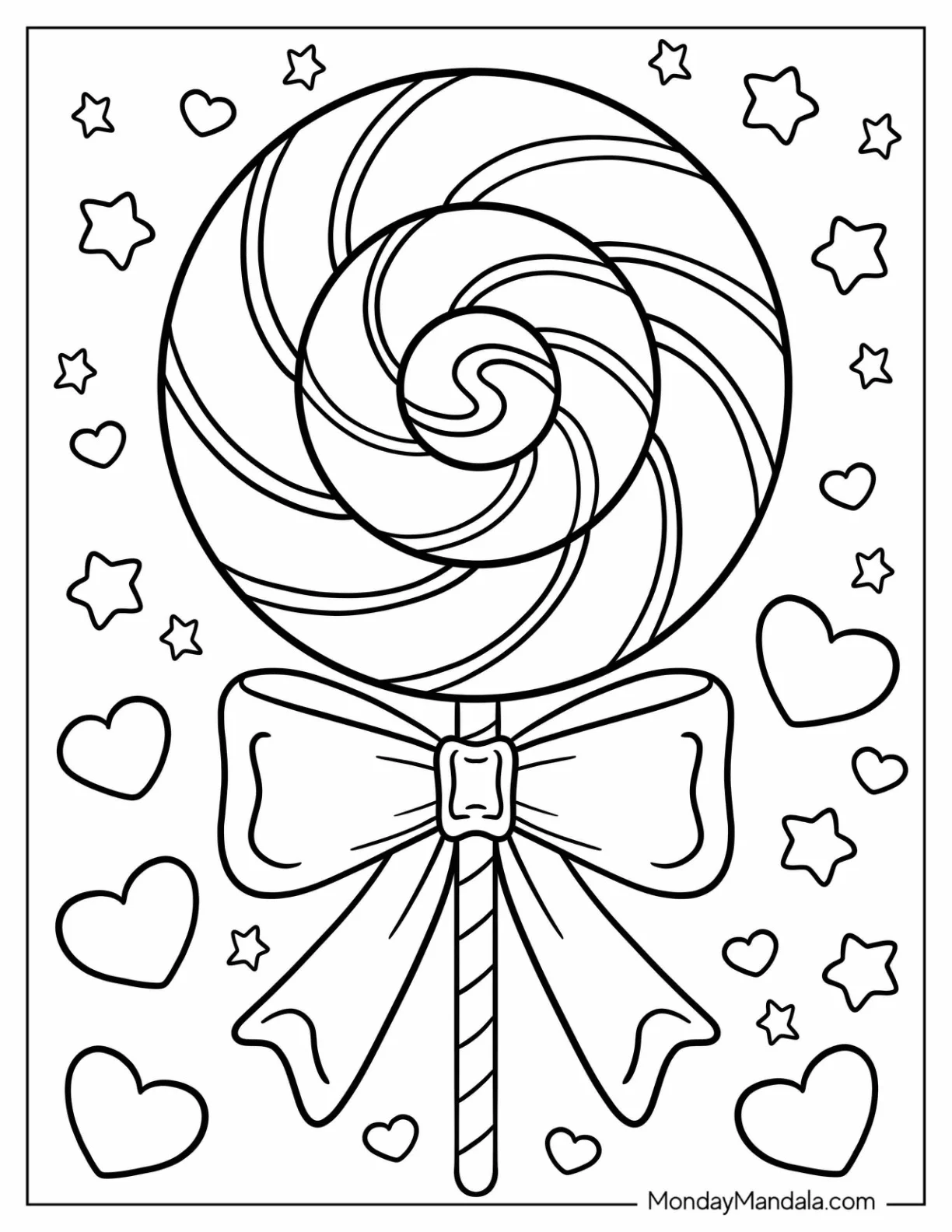 Elegant Swirly Lollipop With Bow And Love Hearts coloring page