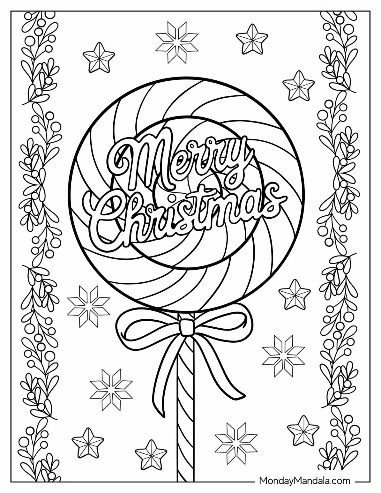 Festive Merry Christmas Lollipop With Holiday Decorations coloring page — printable line art