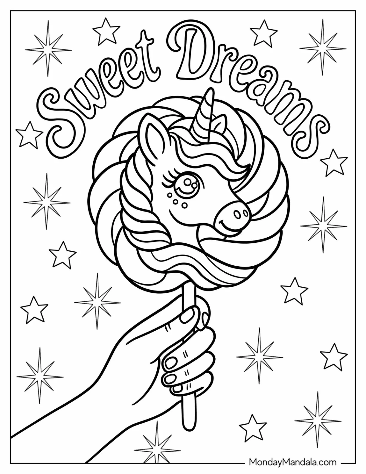Hand Holding Swirled Unicorn Lollipop With Starry Sky Coloring Sheet coloring page — printable line art