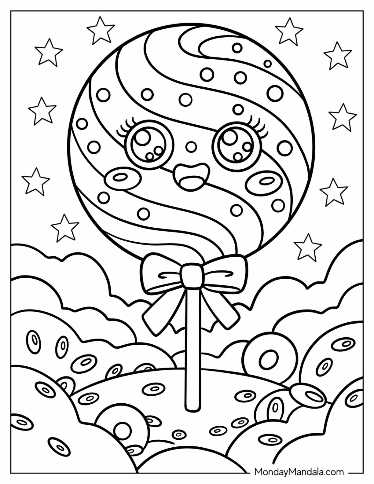 Happy Cartoon Lollipop With Swirls And Starry Background coloring page — printable line art