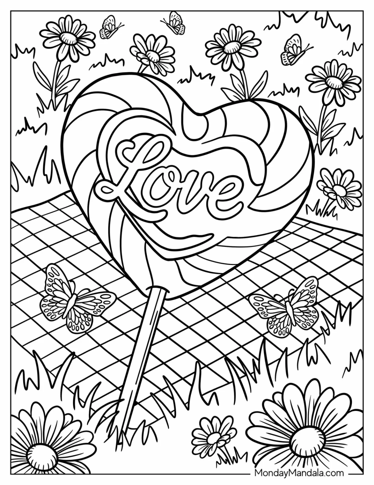 Heart Shaped Love Lollipop in a Garden Scene coloring page