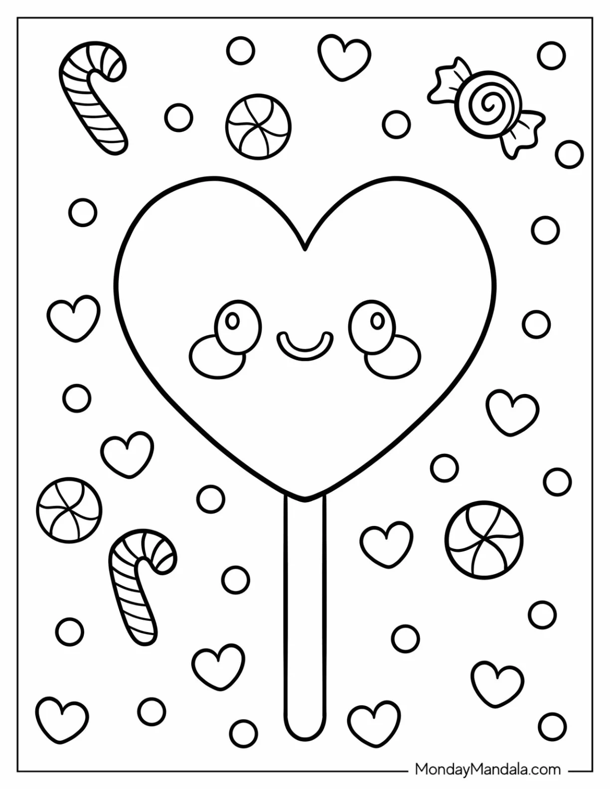 Love Heart Lollipop With Smiling Face Coloring Sheet For Preschoolers coloring page