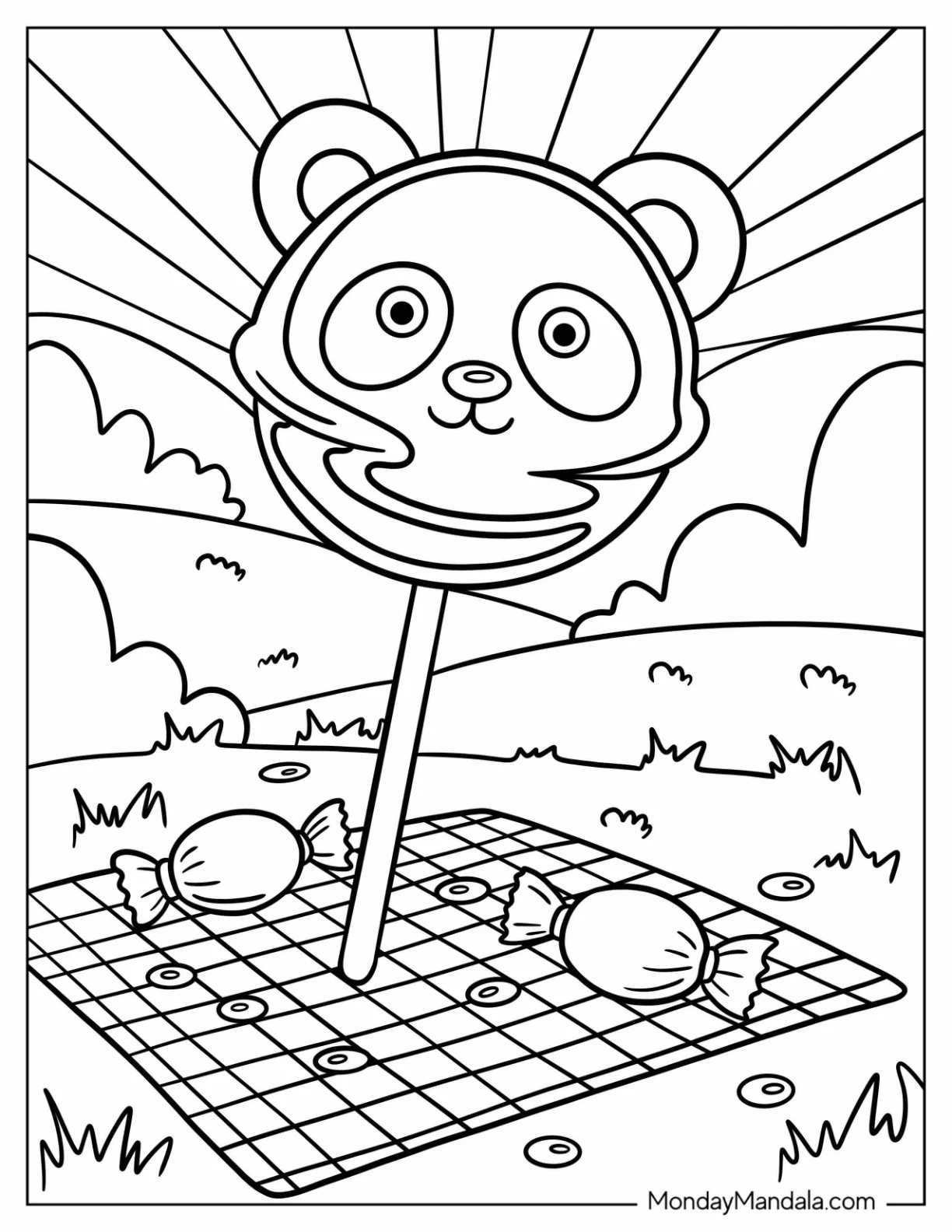 Panda Lollipop On A Picnic Mat With Candies And Sun Rays coloring page — printable line art