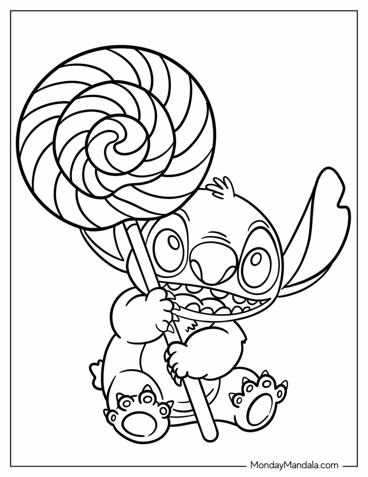 Simple Stitch Carrying A Giant Swirly Lollipop Coloring Sheet For Kids coloring page