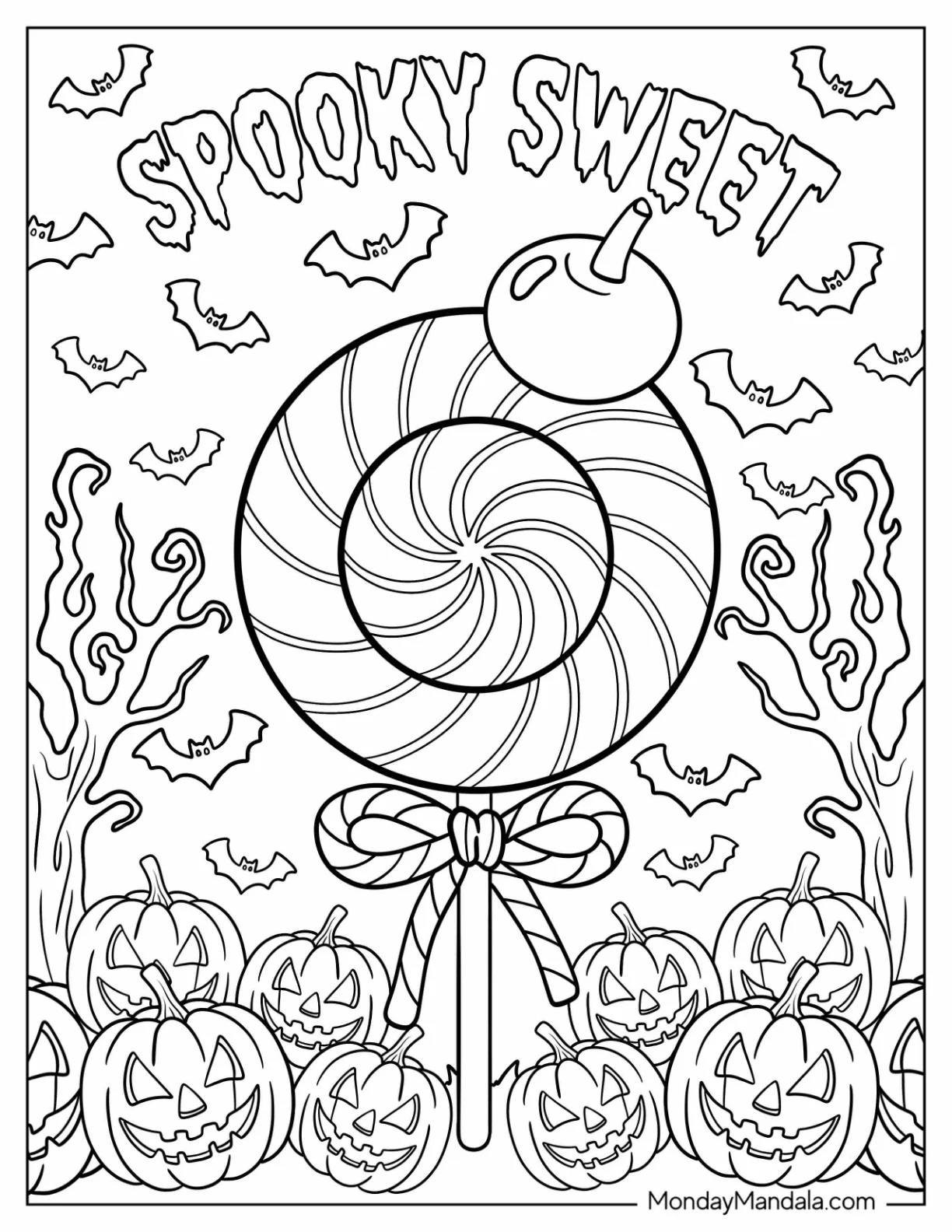 Swirly Halloween Lollipop Surrounded By Pumpkins And Bats Coloring Sheet coloring page