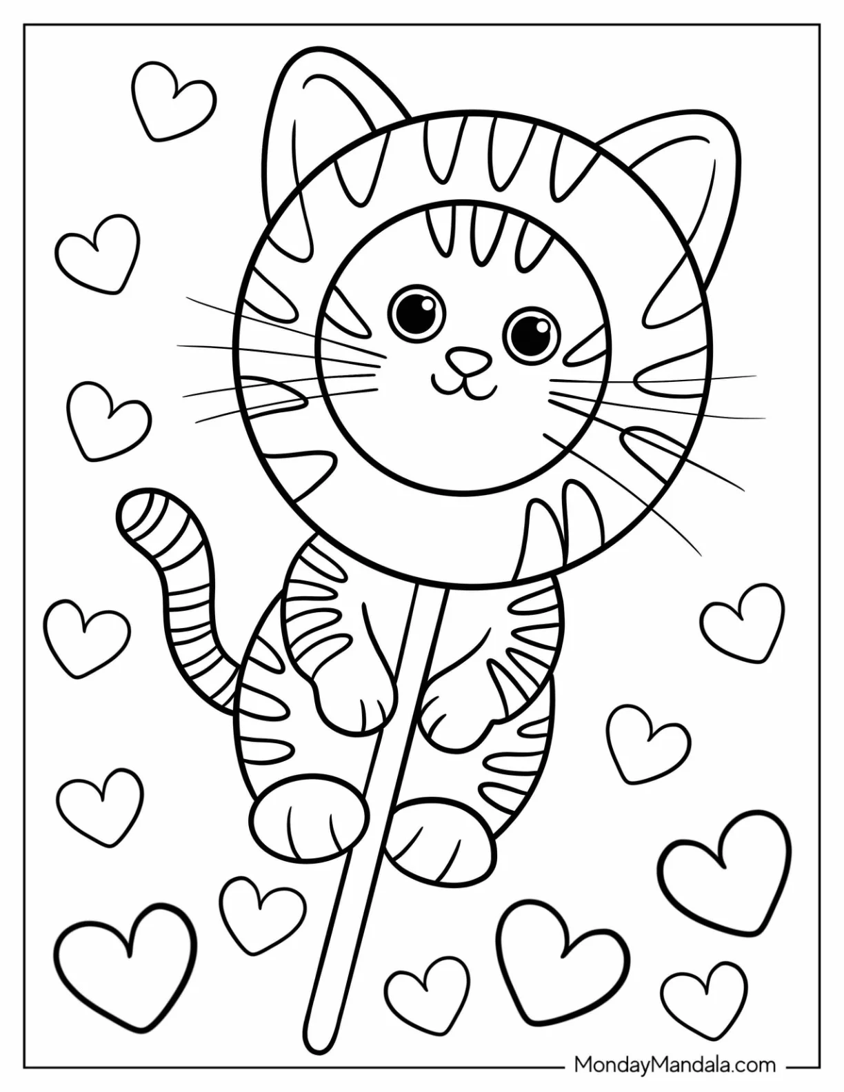 Tabby Cat Lollipop and Floating Hearts Coloring Pag For Preschoolers coloring page — printable line art