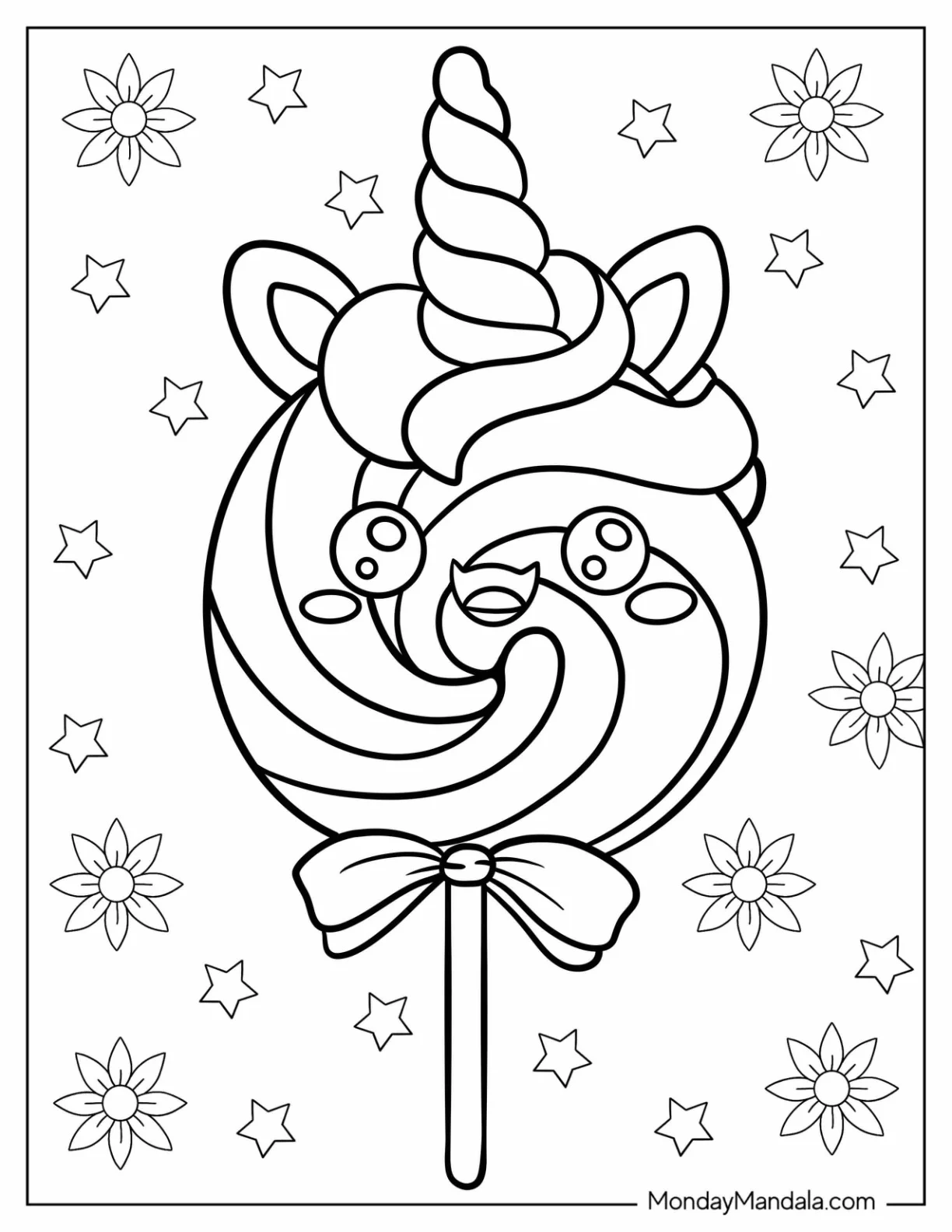 Unicorn Lollipop with Stars and Flowers Coloring Page For Kids coloring page — printable line art