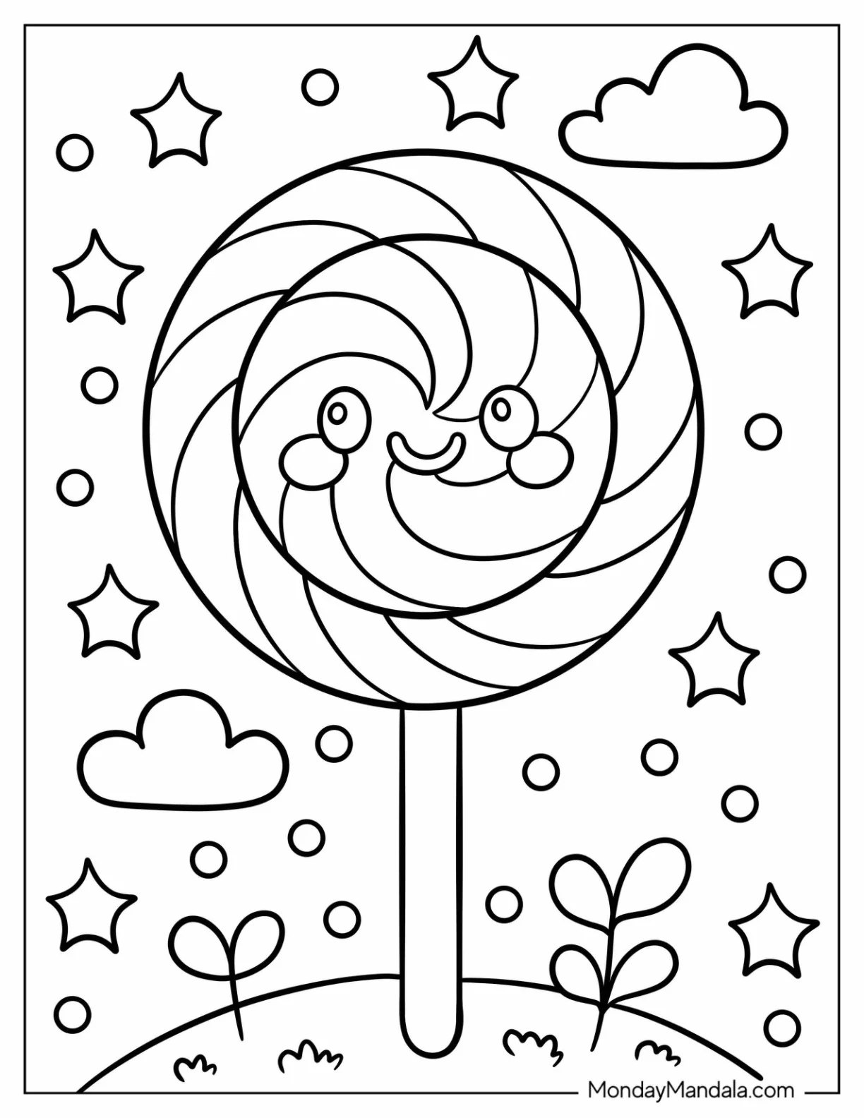 Whimsical Cartoon Lollipop In Nature Scene Coloring Page For Kids coloring page